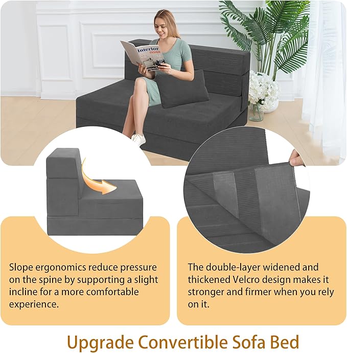 Sofa Bed Foldable Mattress ，Folding Sleeper Sofa Chair Bed Floor Mattress with Pillow for Living Room Home Office (Dark Gray -Corduroy, Twin XL)