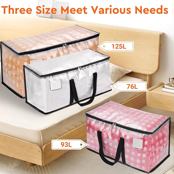 BlissTotes Moving Bags, 10-Pack Storage Bags, Moving Bags Heavy Duty Extra Large, Moving Totes, Clear Moving Bags, Reinforced Handles & Tag Pocket, Christmas Totes (125L)