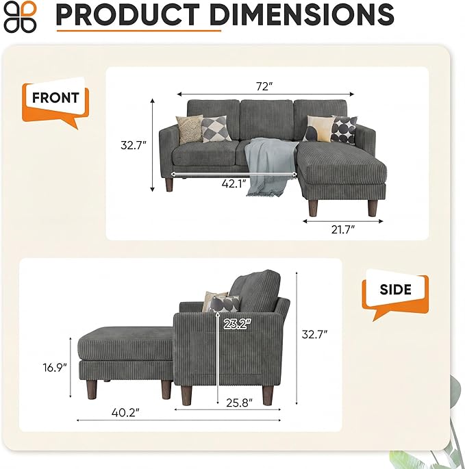 L Shape Sectional Sofa Couch, 3 Seat Convertible Sofa with Movable Ottoman and Side Storage Pockage, Modern Sofa Small Couches for Living Room & Apartment and Small Space (Corduroy, Dark Grey)