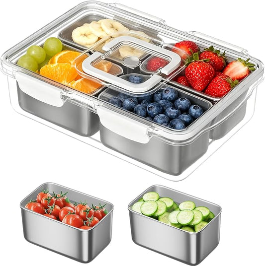 Snackle Box Container, 304 Stainless Steel Divided Serving Tray with Lid and Handle, Portable 4 Compartments Veggie Tray for Fruits,Veggies,Nuts &Candy, Dishwasher Safe for Travel,Picnic,Beach&Parties