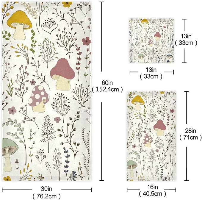 Boho Mushroom Bath Towels Set, 3 Piece Absorbent Microfiber Spring Colorful Wildflower Plant Set (1 Bath, 1 Hand, 1 Washcloth), Decorative for Bathroom, Hair, Face