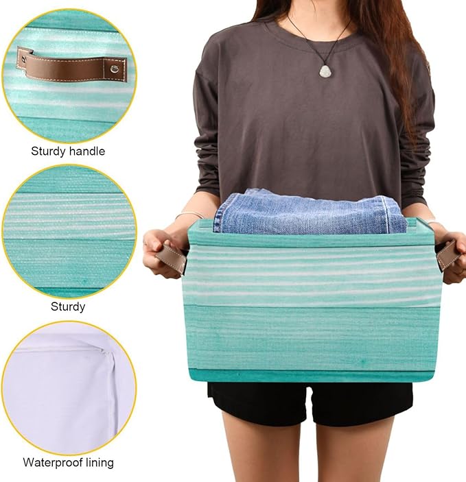 xigua Storage Basket Teal Mint Green Wood Storage Bin with Handle, Large Storage Cube Collapsible for Shelves Closet Bedroom Living Room 1PC