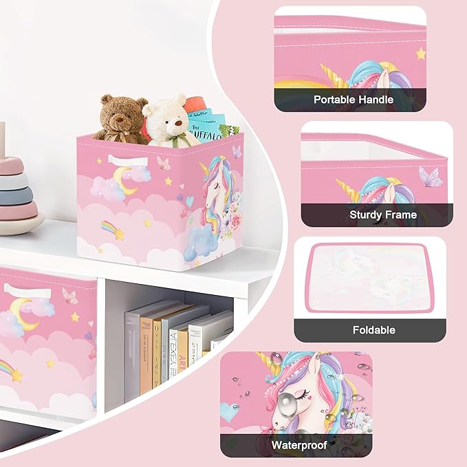 Clastyle Pink Unicorn Rainbow Kid Storage Basket Set Foldable Closet Clothes Organizer Nursery Toddler Toy Bin Girl Book Shelf Basket, Cloud, 11.8x11.8x11.8 in