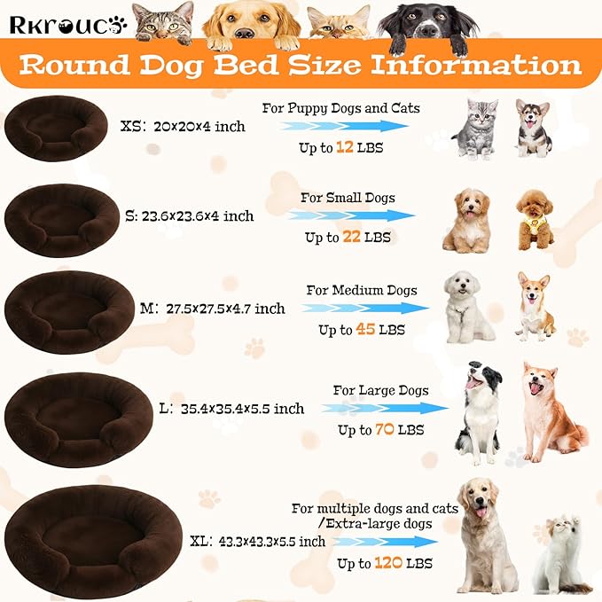 Fluffy Dog Bed Calming Donut Beds for Large Dogs Warming Round Small Medium Pet Nest Cozy Cat Mattress Indoor Washable Puppy Kennel Kittens Sleep Mat (L, 35.4×35.4 inch, Brown)