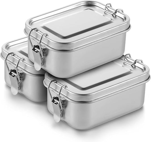 3-Pack 550ml (18.6 oz) Stainless Steel Bento Lunch Box Containers with Lids - Waterproof Metal Food Storage - Snack Prep Trays and Tiffin Carriers