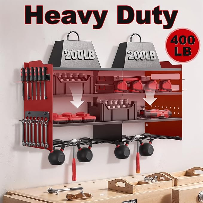 oviitech Power Tool Organizer Wall Mount, 8 Drill Holder Wall Mount Loads 400lbs, 4 Layer Heavy Duty Metal Power Tool Storage, Red, Utility Rack for Garage Workshop, Gifts for Men