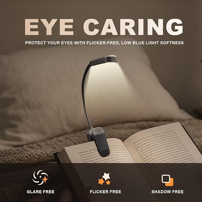 Rechargeable 20 LED Book Lights for Reading at Night - Energy Saving with Extended 60Hrs Runtime, 15-Level Stepless Dimming, Flexible Lightweight Clip on Light for Studying, Travel, Black