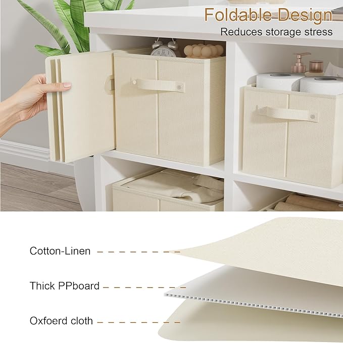 Foldable Cloth Basket with 4 Handles, Decorative Open Storage Boxes, Stackable Cube Organization, Fabric Bins for Shelves, Closet, Living Room, 15x9.8x9.8in, Beige, 2 Pack