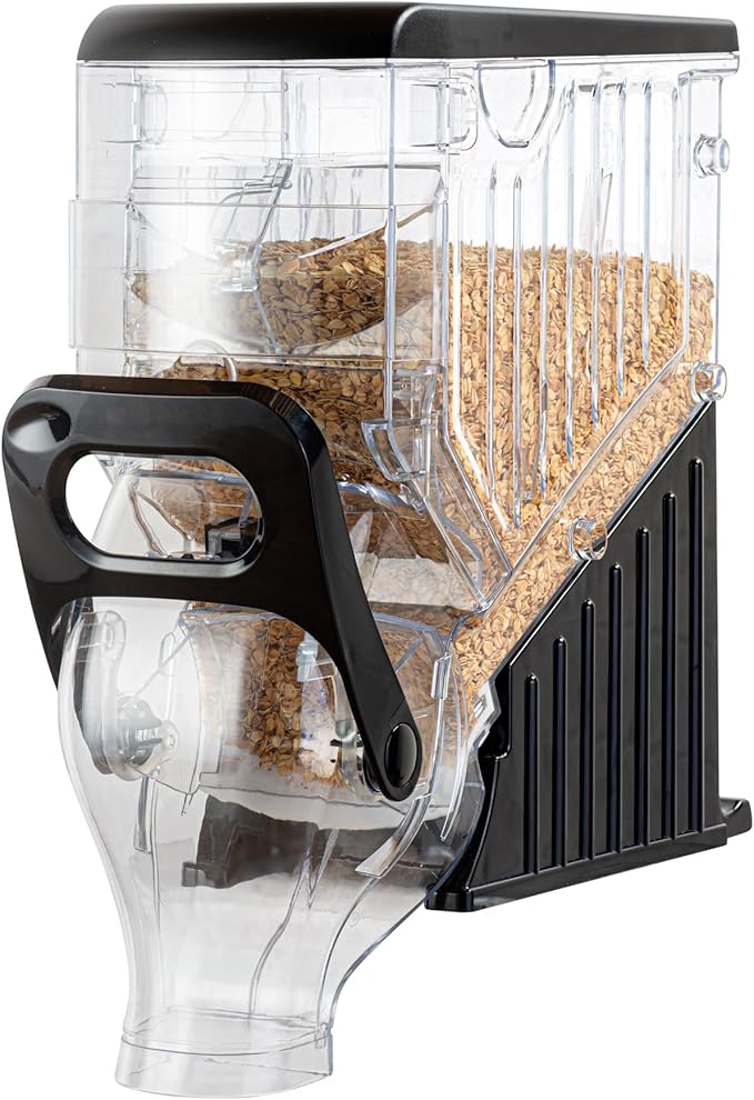 Restaurantware Cereal Dispenser 2 gal Plastic Gravity Bin Candy Dispenser Self-Serve Black Dry Food with Stand for Breakfast Buffet or Hotel Use
