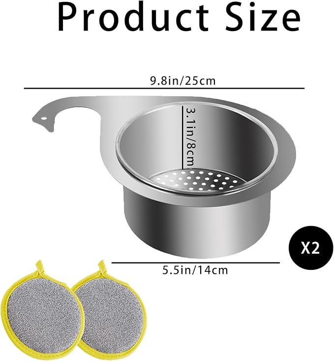Swan Stainless Steel Sink Strainer Basket with Fast-Draining Side Drain, Includes 2 Double-Sided Scrubbing Sponges for Kitchen, Fruit, Vegetable & Food Waste Disposal (2 Pcs)