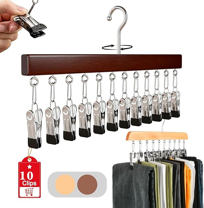 Closet Organizer with 10 Clips - Space Saving Hanging Closet Organizer, 2026 Upgraded Legging Hangers for Closet, 360° Rotating Metal Clips with Silicone Lining for Clothes (New-Vintage, 1PC)
