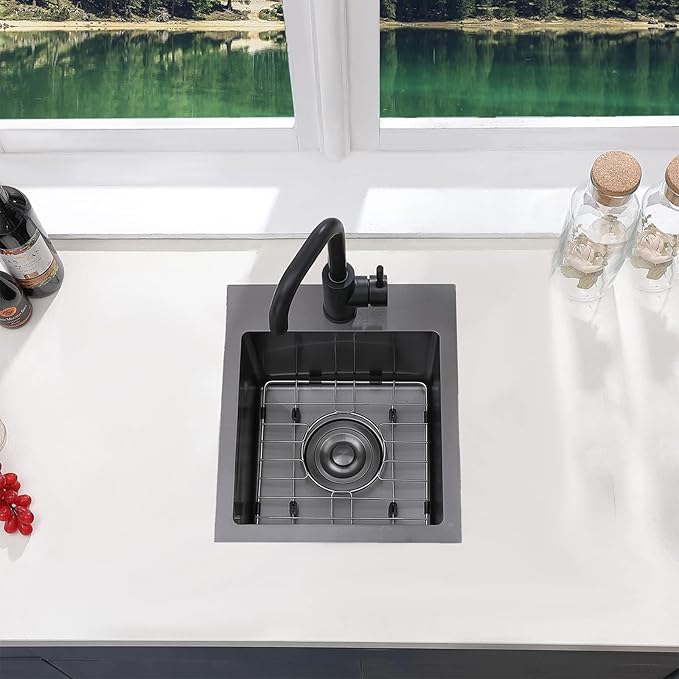 Black Bar Sink Drop in, 15 x 17 Inch Topmount RV Small Kitchen Sink, Handmade Stainless Steel Wet Bar Sink, Outdoor Single Bowl Prep Sink with Dish Grid & Drain