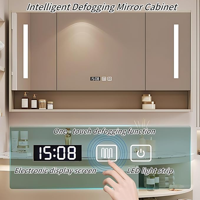 44IN Floating Bathroom Vanity, Wall Mounted Wood Sink Cabinet with Smart Sensor LED Light Strip & Open Style Side Cabinet | LED Lights & Defogging Function, Single Sink Vanities Set (Beige)