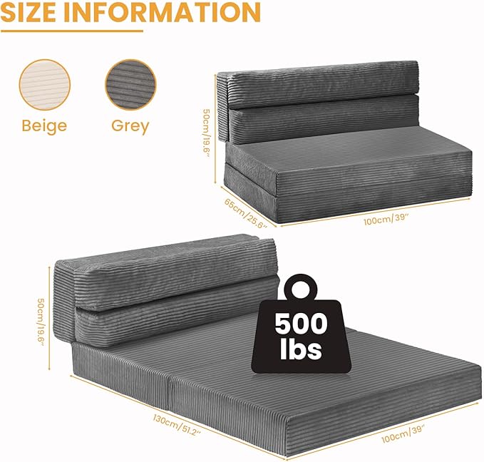 Foldable Mattress Queen, 3 in1 Convertible Couch Bed, Futon Folding Mattress Corduroy, Fold Out Sofa Bed Floor Couch Lounge Sleeper Mattresses for Living Room, High-Density Memory Foam 5'', Gray