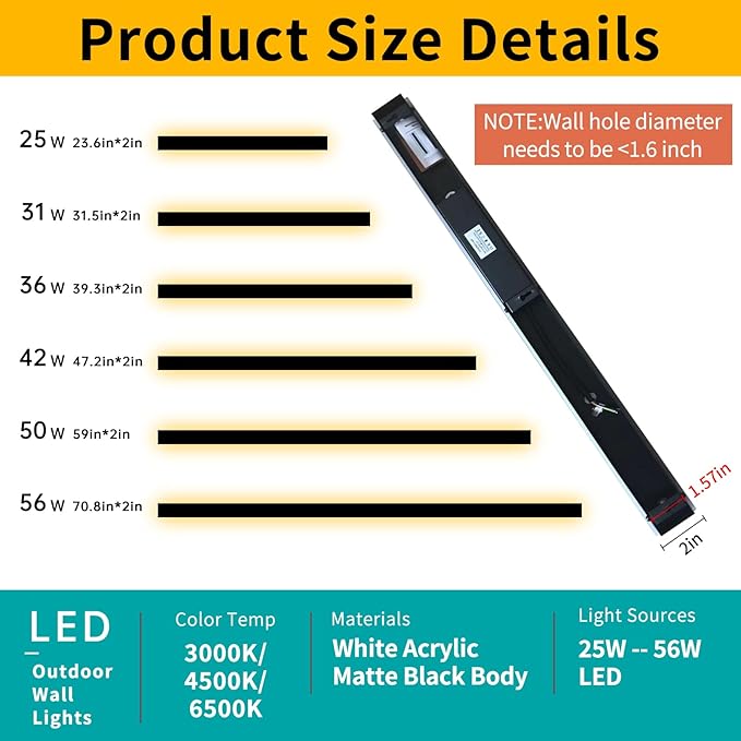 Mikeru 39inch Outdoor Wall Light Fixtures, 10%-100% Dimmable Black Exterior Wall Sconces, 3000k-6000k Acrylic Invisible Long led Wall Light for Porch Modern Wall Mount Lighting for House
