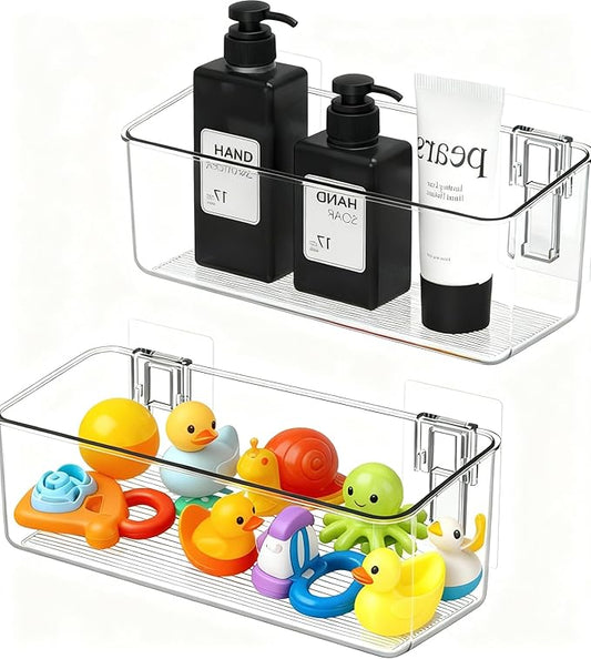 Two clear plastic shelves with bath products and toys on a white background