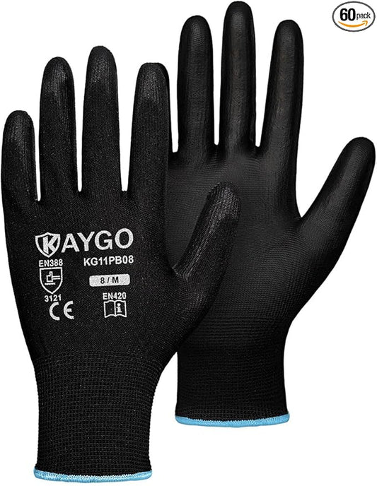 KAYGO Work Gloves for Men and Women,60 Pairs Seamless Knit PU Coated Safety Gloves, with Smooth Grip on Palm and Fingers, Ideal for Light Warehouse, Manufacturing, Gardening, KG11P (M, Black)