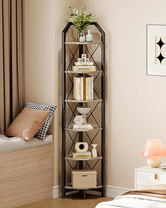 6-Tier Corner Shelf, Industrial Corner Bookshelf, 71.2" Corner Storage Stand, Plant Stand Display Shelf, Corner Bookcase for Bedroom, Living Room, Home Office, Greige and Black TCJ11BG