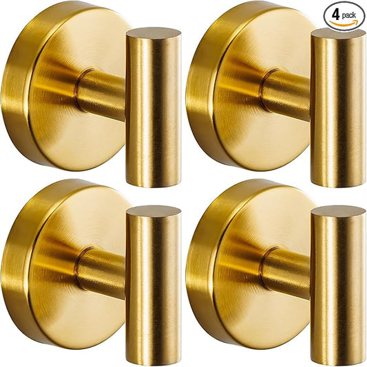 Suction Cup Hooks for Shower - Bathroom Reusable Hooks for Towels, Robes & Loofah - No-Drill Mounting on Kitchen,Walls,Metal,Glass,Mirrors,Tile & Smooth Non-Porous Surfaces (4, Brushed Gold)