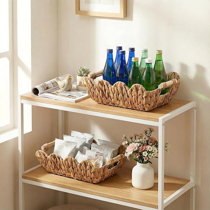 2 Pack Scalloped Wicker Basket, Hand-Woven Water Hyacinth Storage Baskets with Wooden Handle Paper Rope Toilet Paper Living Room Bedroom Decor Baskets for End Table Shelves Organizing Snack
