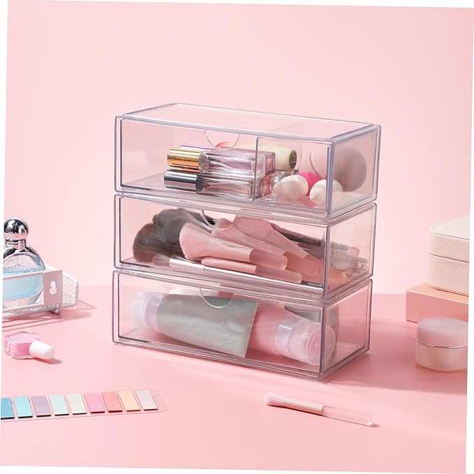 3pcs Makeup Organizer Box Brush Holder Cotton Swab Desk Storage Modern Design Acrylic Desk Accessory