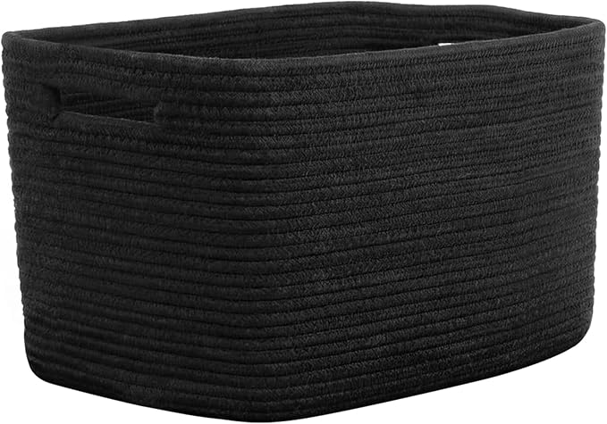 Storage Baskets for Organizing, 14 x 10 x 9” Closet Shelf Woven Baskets, Square Bins with Handles, Cotton Rope Basket for Toys, Clothes, Office, Room, Black 1pack