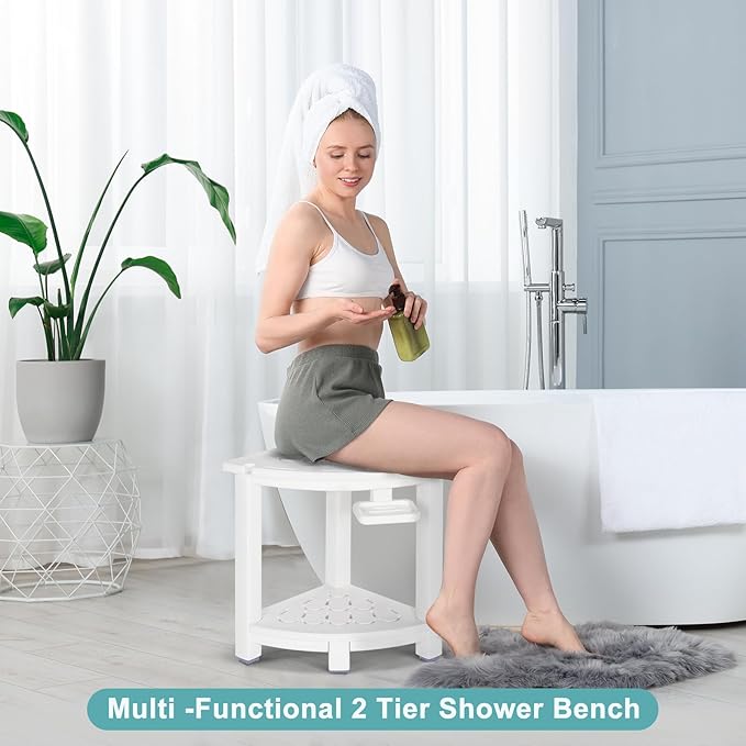 NALONE Corner Shower Stool, HDPE Shower Bench for Inside Shower, Small Shower Chair Seat for Shaving Legs with Storage Shelf, Soap Box and No-Slip Feet (White)