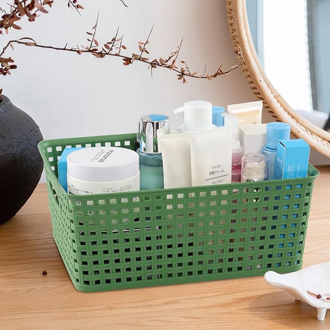Medium Plastic Baskets for Organizing, Plastic Woven Storage Basket, 4 Packs