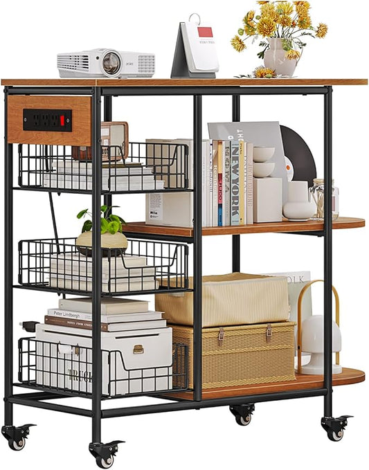 LINZINAR Kitchen Bakers Rack with Power Outlet Coffee Bar Table 3 Tiers Microwave Oven Stand with Wheels Pull-Out Wire Basket Kitchen Storage Shelf Rack for Spices Pots and Pans (Redbrown, 3Tier)