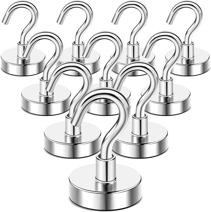 DIYMAG Garage Storage Hooks 10 Pack, 85lbs 2025 Cruise Cabin Ship Essentials Magnetic Hook Heavy Duty Strong Wall Mount Magnets Fridge for Classroom Wall Mount Kitchen Grills Silver
