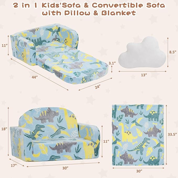 Extra Wide Kids Couch, 2-in-1 Soft Toddler Couch with Blanket, Glow in The Dark, Comfy Toddler Chair with Cloud Pillow, Convertible Sofa, Dinosaur