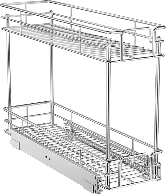 ROOMTEC Pull Out Cabinet Organizer for Narrow Cabinet (8.5" W X 21.5" D), Kitchen Cabinet Organizer and Storage 2-Tier Cabinet Pull Out Shelves Under Cabinet Storage for Kitchen, Chrome