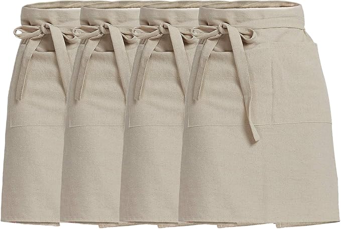 Cityelf Linen Server Apron Cotton Bistro Half Apron with Large Pockets Waist Kitchen Apron for Cooking Waitress