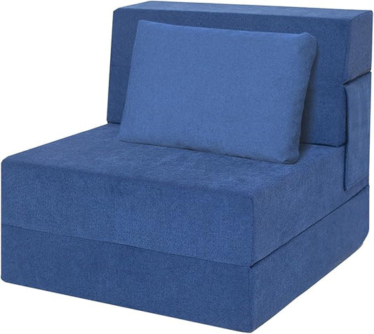 Folding Sofa Bed Chair with Pillow,Convertible Fold Out Chair Bed Sleeper,Foam Floor Mattress, Foldable Futon Couch Bed for Living Room/Dorm/Guest/Office (Blue, Single)
