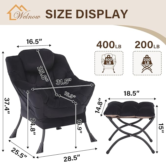 Welnow Lazy Chair with Ottoman, Modern Lounge Accent Chair with Armrests and a Side Pocket, Leisure Sofa Armchair, Reading Armchair with Footrest for Small Space, Black