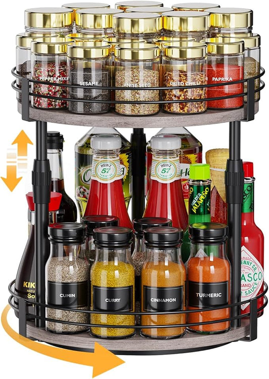 Lazy-Susan-Organizer-Spice-Rack, 2-Tier Rotating Spice Organizer For Kitchen-Cabinet-Countertop-Pantry, Turntable Seasoning Holder Storage Shelf With Adjustable Height