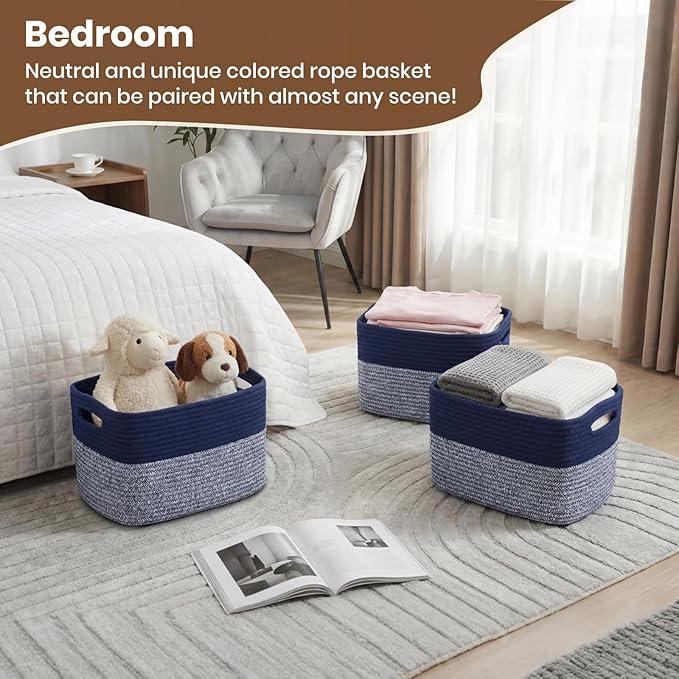 Storage Baskets for Organizing, 14 x 10 x 9” Closet Shelf Woven Baskets, Square Bins with Handles, Cotton Rope Basket for Toys, Clothes, Office, Room, Grey+Blue 3 Pack