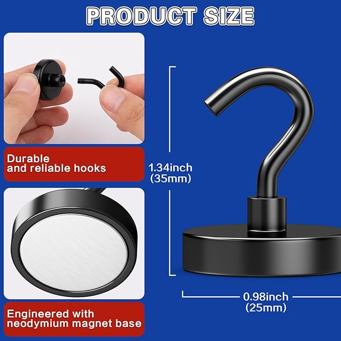 6Pack Strong Magnetic Hooks Heavy Duty, Magnet Hooks, 65lbs Metal Magnetic Hooks for Cruise Cabins, Magnet with Hooks, Magnet Hook, Magnetic Hook for Hanging, Refrigerator, Garage
