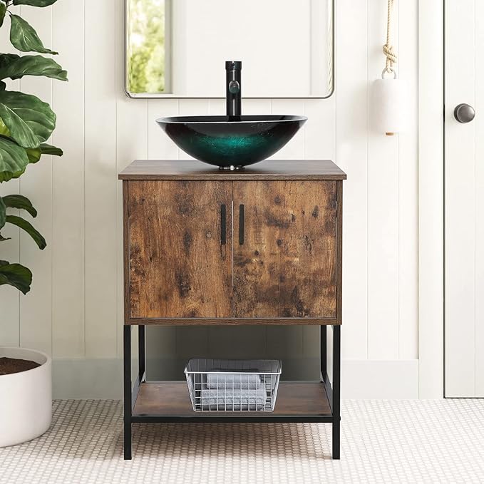 eclife 24" Bathroom Vanity Sink Combo Modern Metal Stand Cabinet W/Bottom Shelf Turquoise Square Vessel Sink & Water Save Faucet & Pop Up Drain, Rustic Brown (A10)