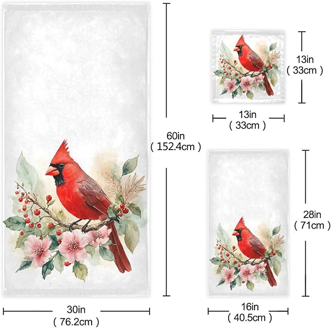 Christmas Winter Towels Set of 3 Red Cardinal Bird on Beautiful Flowers Bathroom Towel Soft Absorbent Bath Hand Towels Washcloth Guest Towel Sets Xmas Holiday Decor