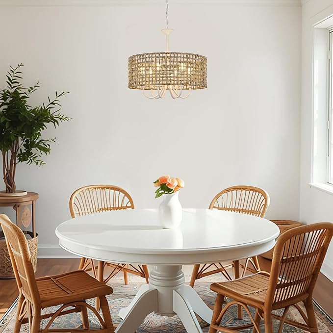 White Rattan Chandelier for Dining Room, 6-Light Boho Chandelier Light Fixture Hand-Woven Bohemian Coastal Hanging Pendant Lighting for Kitchen Living Room Foyer Entryway