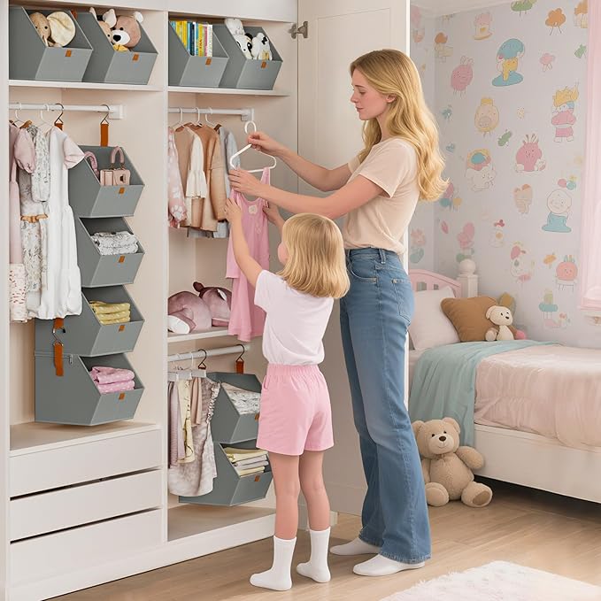 Hanging Closet Organizer 4 Tier - Clothes Hanging Shelves, Space-Saving Closet System, Fabric Storage Bins Bedroom Organization, Collapsible Baskets for Home, Dorm, Rv, Grey