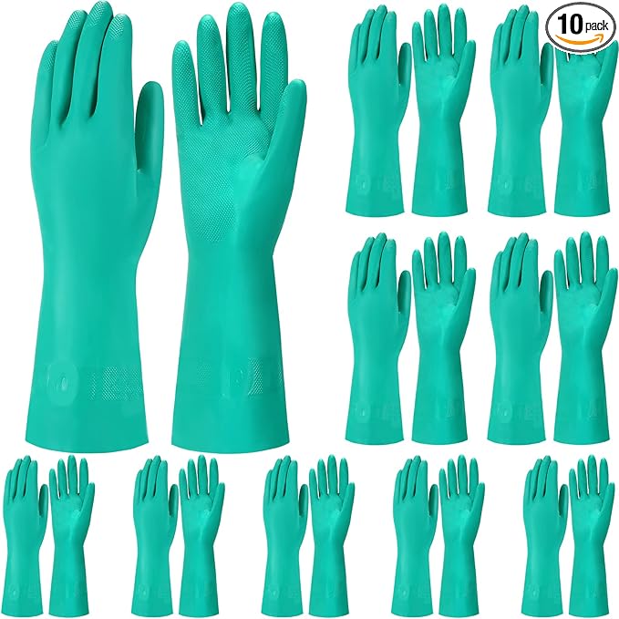 10 Pairs Chemical Resistant Gloves Heavy Duty Thick Nitrile Gloves Bulk for Cleaning, Resist Household Acid, Alkali and Oil (Large)