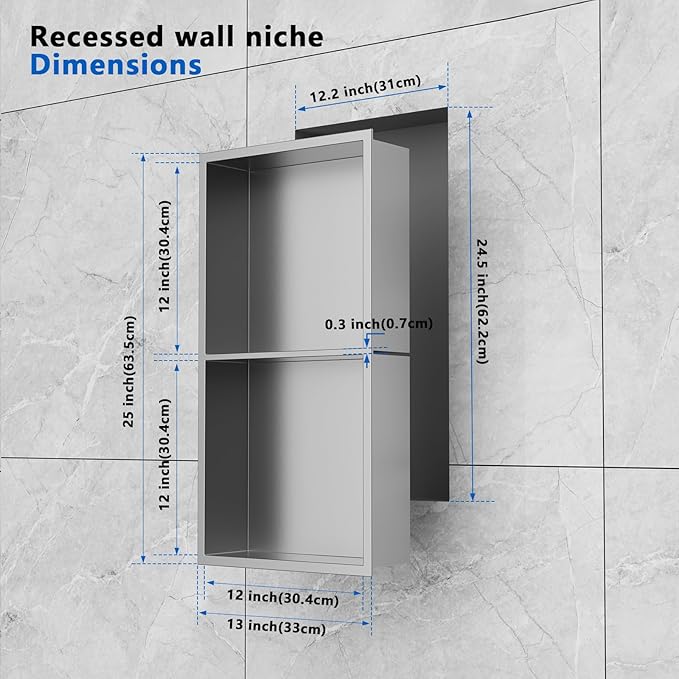 QAOYEDE Shower Niche Insert No Tile Needed, 24"x12" Stainless Steel Niche for Shower Wall, Recessed Showers Shelf for Bathroom Storage 2 Layer,Brushed Nickel