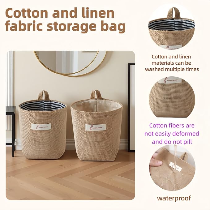 Washable Cotton Linen Hanging Organizer Bag for Door Wall Bedside | Washable Storage Pockets | Space Saving ，Reusable Closet Organizer (2Pack) (Deep blue stripes+yellow dots)