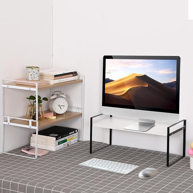 YGYQZ Desk Organizer Shelf，2 Tier Detachable Table Top Bookshelf, Freestanding Display Shelf for Office, Dormitory, Home,White+Black