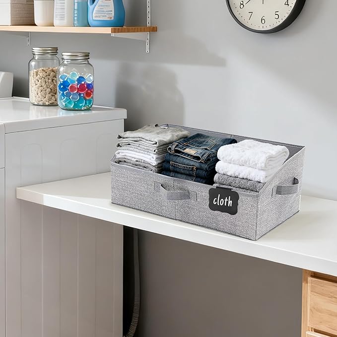 Closet Organizers and Storage Bins with Labels Clip, Large Trapezoid Storage Baskets for Shelves, 28L Foldable Fabric Clothing Organizer for Blankets, Towels and Toys, Grey, 3-Pack