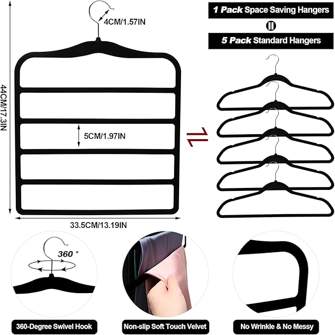 Closet Organizers and Storage,5 Pack Velvet Pants-Hangers-Space-Saving,Non Silp 5 Tier Scarf Jeans Organizer,Dorm Room Essentials for College Students Girls Boys Guys,Organization and Storage
