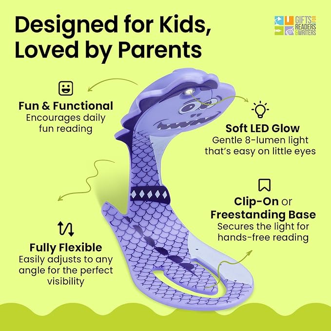 Gifts for Readers & Writers Book Light for Kids, Clip On Reading Light for Bed, 2in1 Flexilight Pals & Bookmark, Small & Lightweight with a Soft Glow, 2 Batteries Included, Dino Purple