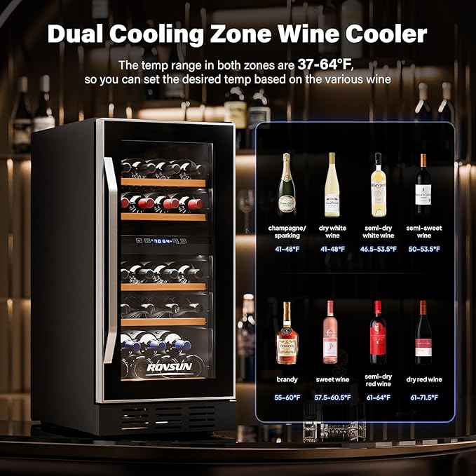 ROVSUN Dual Zone Beverage Refrigerator, 26 Bottle Fridge with Glass Door & Digital Temperature Control, Built-in/Freestanding/Under Counter Wine Cooler Chiller for Champagne, Beer